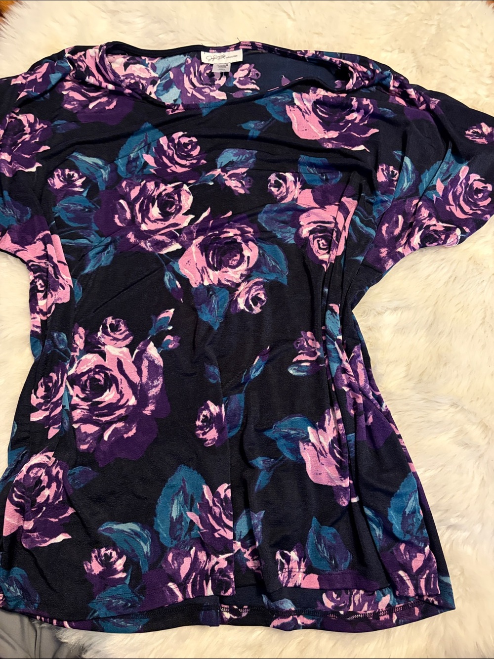 Signature Style Floral Top — Purple & Teal Roses on Black women’s size XL